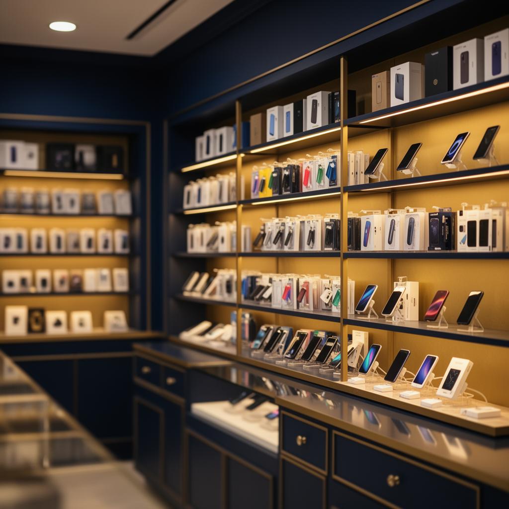 Premium mobile accessories displayed in a luxury retail showroom